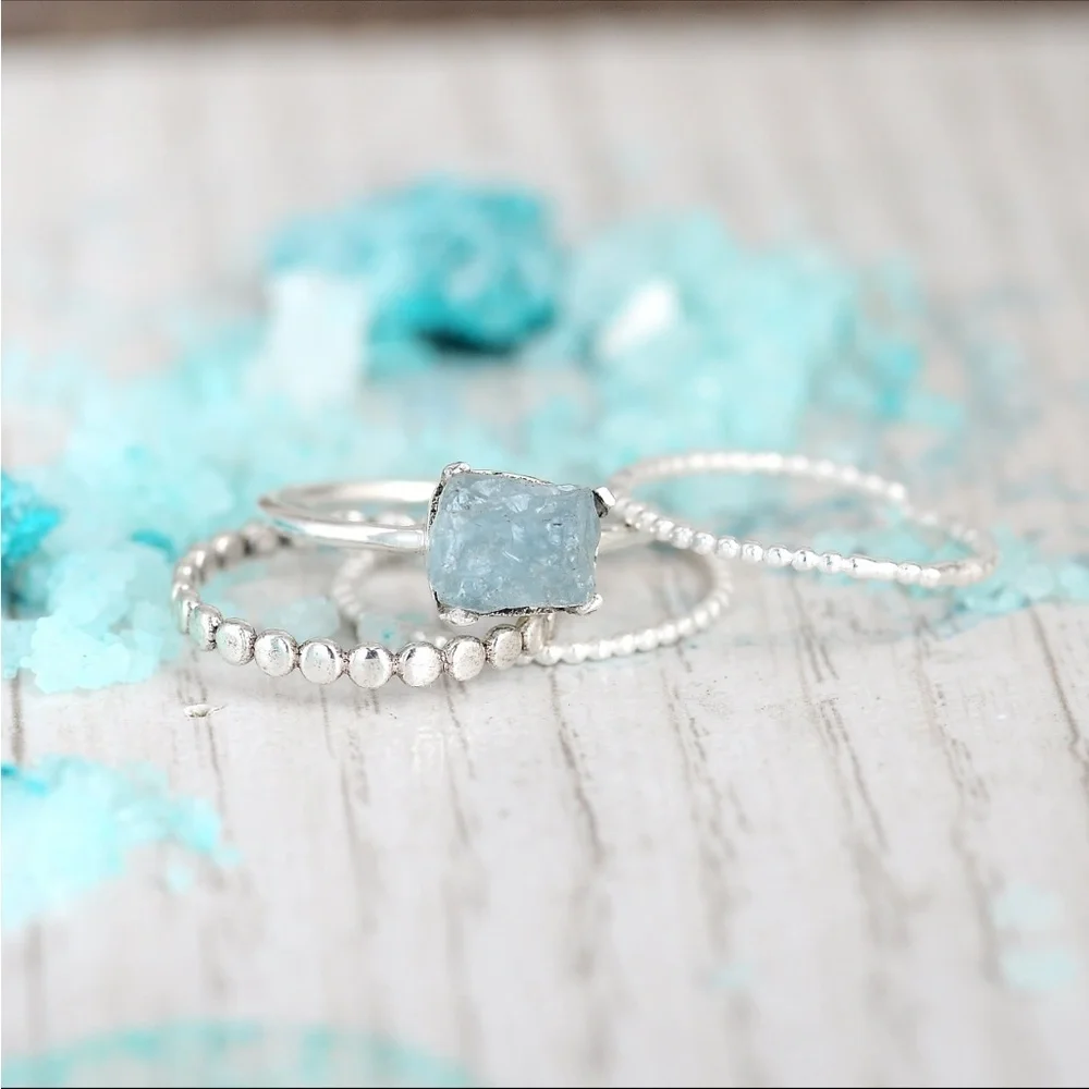 Sterling Silver Stackable Ring set raw Aquamarine size 6 gorgeous!!